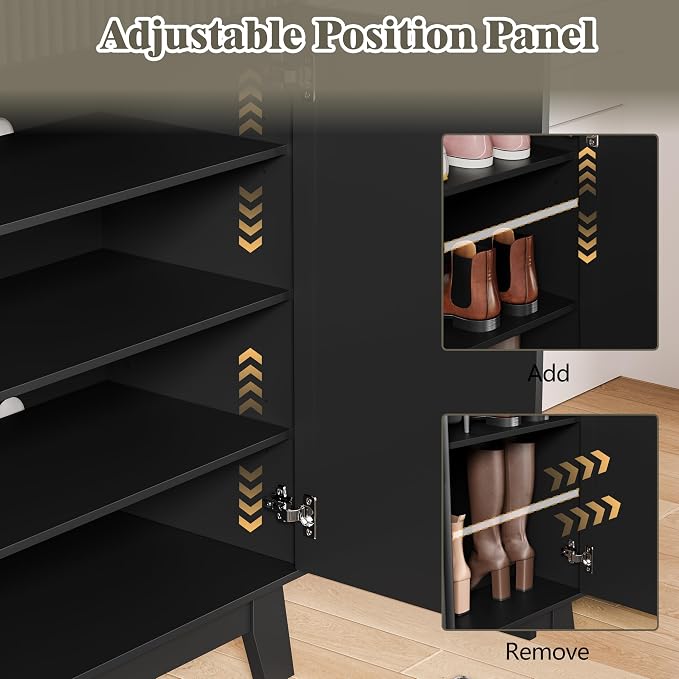 HUANLEGO Shoe Cabinet Storage for Entryway with Doors, Black | 4 Tier Fluted Shoe Organizer with 2 Drawers, Shoe Storage with Adjustable Shelves, Freestanding Hidden Shoe Rack for Entryway