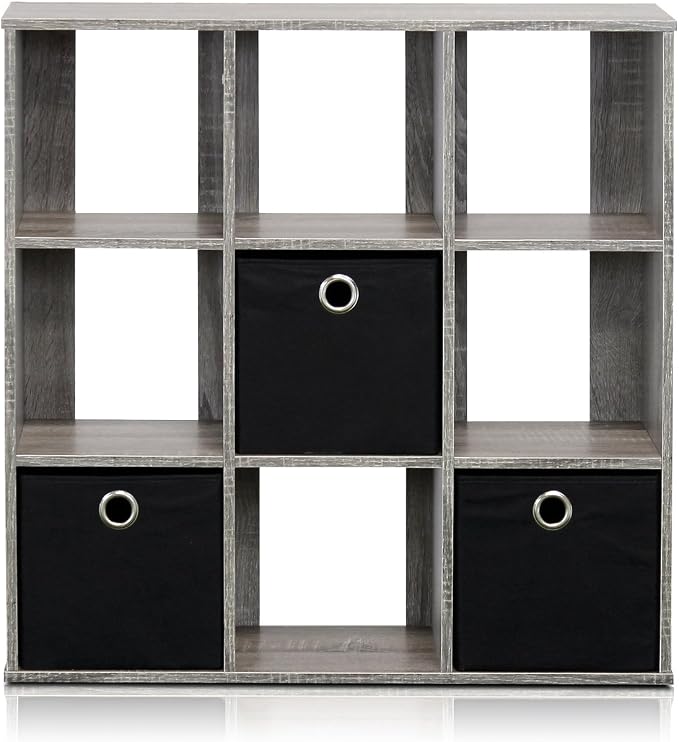 9-Cube Bookshelf with Storage Bins, Cube Storage Organizer Bookcase, Open Storage Book Shelf, 7.9 x 26.5 x 26.7, for Living Room, Home Office, Bedroom, French Oak Grey