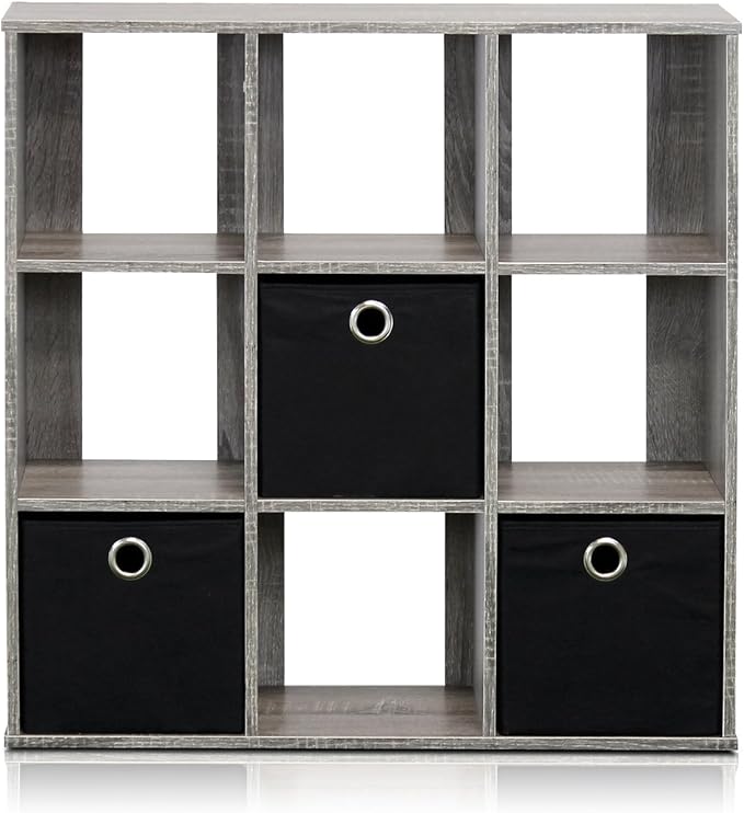 Furinno Simplistic 9-Cube Organizer with Bins, Small Size (Assembled unit dimensions : 7.9"D x 26.5"W x 26.7"H inches), French Oak/Black