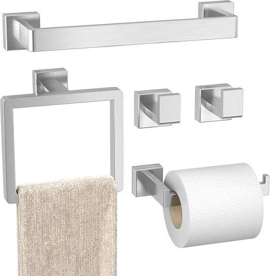 5-Pieces Brushed Nickel Bathroom Accessories Set, 16 Inch Towel Bar Set | Stainless Steel, Towel Ring, Toilet Paper Holder, Robe Hooks, Towel Racks for Bathroom Wall Mounted, Bathroom Hardware Set