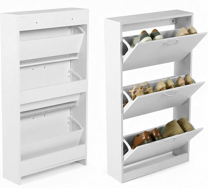 HOPUBUY Shoe Cabinet for Entryway, Narrow Shoe Storage with 3 Flip Drawers | Wood Slim Shoe Rack, 3 Tier Thin Shoe Organizer for Home and Apartment,White