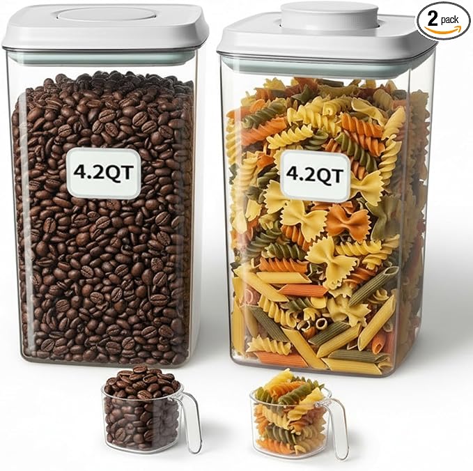 Melovom Pop Airtight Food Storage Containers Set with Lids, Large 4.2Qt/4L Food Containers with Scoop, Kitchen Pantry Organization and Storage, BPA Free Stackable Cereal Container (2 * 4.2Qt)
