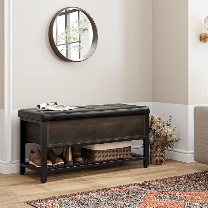 HOSTACK 40" W Storage Bench, Entryway Shoe Bench with Cushion, Dark Brown | Wood Metal Bench with Flip-Open Hidden Storage, Ottoman Bench with Padded Seat & Shoe Rack for Hallway, Bedroom, Living Room