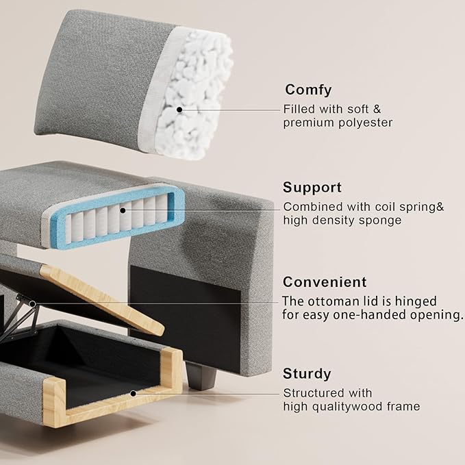 Belffin 45.9" Storage Ottoman Bench Oversized Ottoman for Footrest Upholstered Entryway Bench with Seating for Bedroom, Living Room. Light Grey
