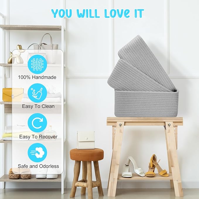 3-Pcs Shelf Baskets for Organizing, Closet Organizer Bins, Small Woven Baskets, Rope Toy Basket, Storage Basket for Shelves, Cube Decorative Box, 11.8×7.8×5.1”, Grey