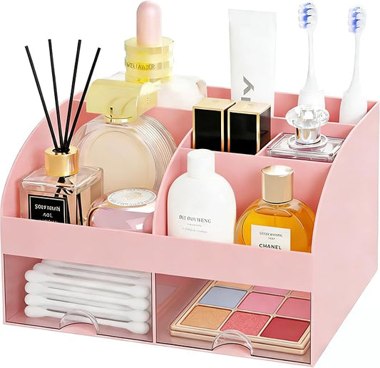 Makeup Organizer with 2 Drawers, Cosmetic Storage for Dresser Vanity and Bathroom Countertop,Make up organization and Skincare Storage with Beauty Brush Holder, Cosmetic Display Case (Pink)