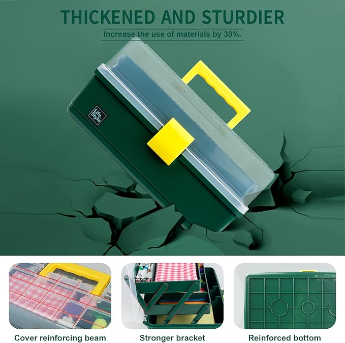 Creahaus 13 inch Art Craft Organizer Storage Box with 3 Layer, Multipurpose Plastic Tool Box with Handle for Sewing, Art Supply, Medicine, Nail, Hair Accessories (Dark Green)
