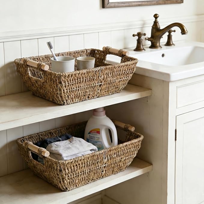 Wicker Baskets with Wooden Handles, Large Seagrass Storage Baskets | 2 Pack, Natural Seagrass Woven Basket for Organizing Shelves, Handwoven Gift Baskets Empty for Snack Display Home Decor