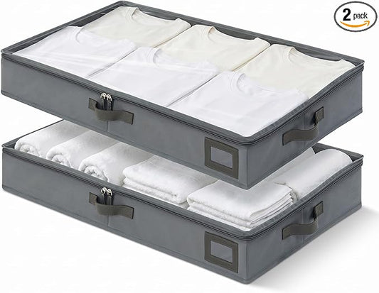 4" Low Profile Under Bed Storage Bins (2-Pack, Grey), Slim 600D Oxford Fabric Clothes Organizer Box with Reinforced Leather Handles, Sturdy Clear Lid