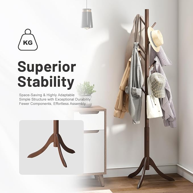 kiplant Bamboo Wood Coat Rack Stand, Freestanding Coat Tree with 8 Hooks, Hallway Entryway Hat Hanger Organizer Standing for Bedroom, Office, Clothes, Jackets, Bags, Umbrallas