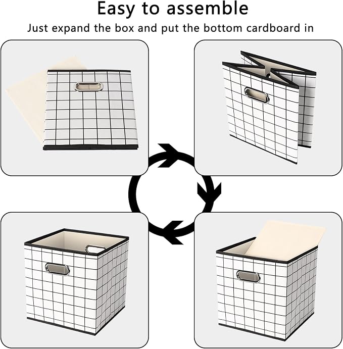 Yunkeeeper storage bins Cubes, Fabric Cube Organizer with Handle, Foldable Cube Bins for Cloth or Accessary Storage, 11x11x11, Set of 6, (White grid)