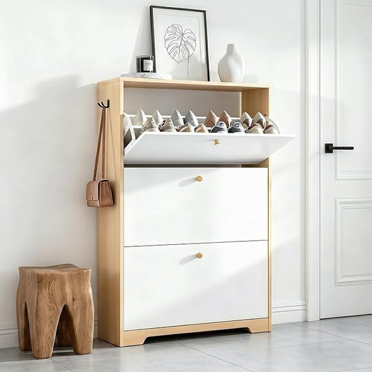 Nicetree Shoe Storage Cabinet with 3 Flip Drawers, Natural Oak and White | Narrow Shoe Organizer, Freestanding Shoe Rack Cabinet, Modern Shoe Storage Cabinet for Entryway, Hallway, Foyer, With Hook