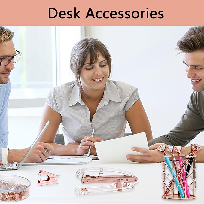 suniya Office Supplies,Rose Gold Desk Accessories,with Stapler,Tape Dispenser,Pen Holder,Scissors,Phone Stand,Staple Remover,Ballpoint Pen,Clear Tape,Staples,Ruler,Clips,Best Gift for Business or Boss