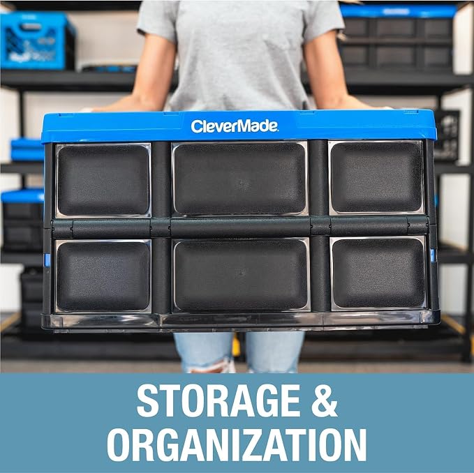 CleverMade Collapsible Storage Bins, 32L, 3 Pack, Obsidian | Reinforced plastic handles groceries, tools, and sports gear. Interlocking bins stack open and nest compactly when folded.