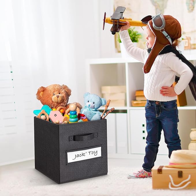 13x13x13 storage cube bins (Set of 10) Fabric storage cubes with 10 Labels Window Cards & a Pen, storage cubes 13x13, Collapsible 13 inch cube storage bins, Cubby Organizer Boxes, Black