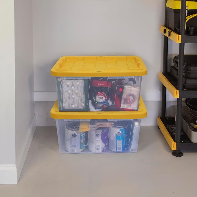 CX 27-Gallon Heavy Duty Clear Stackable Storage Bins with Lids, 4 Pack | Clear plastic totes for garage organization, Stackable, weather-resistant, snap lids, 14.3H x 20.6W x 30.6D, Clear/Yellow