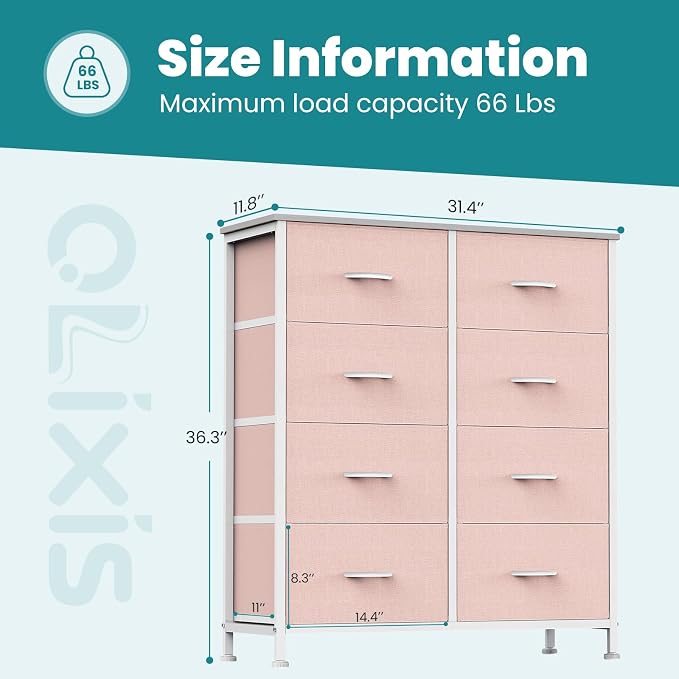 OLIXIS 8 Drawer Storage Dresser for Bedroom, Closet Organizers Units, Pink | Fabric Dresser with Wooden Top, Chest of Drawers Clothes Storage, Tower Cabinet, TV Stand Furniture