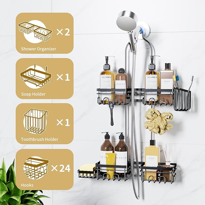 KEGII Shower Caddy Hanging for Handheld Showerheads, Rustproof Hanging Shower Organizer with Soap Dish, Toothbrush Holder and Hooks, Over Showerhead Caddy for Bathroom