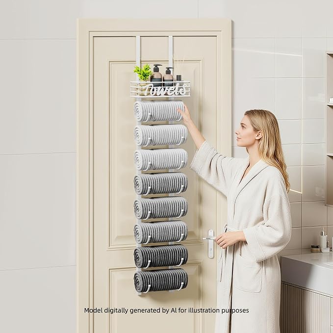 SWTYMIKI Hanging Towel Racks for Bathroom - 9 Tier Over the Door & Wall Mounted Bath Rolled Towel Storage Organizer Holder for Small Bathroom, RV, Camper, White (Patented)