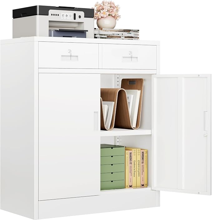 CJF Metal Storage Cabinet, Locking Storage Cabinet with Doors and 2 Drawers, Metal Cabinets for Office/Home/Garage 36" H x 32" W x 16" D (White)