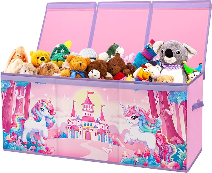 Large Toy Box Collapsible Chest Organizer with Flip Lid for Kids | Oxford Storage Box with Handle for Boy Girl Sturdy Waterproof Organizing Decor for Bedroom Playroom Nursery 37.7×12.5×15.7''