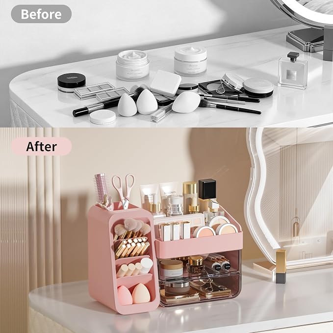 Countertop Makeup Skincare Organizer with Adjustable Brush Holder, Pink | Extra Thick Plastic, Clear Drawers, Large Bathroom Vanity Counter Organizer, Cosmetic Storage for Perfume, Lipstick, Palettes