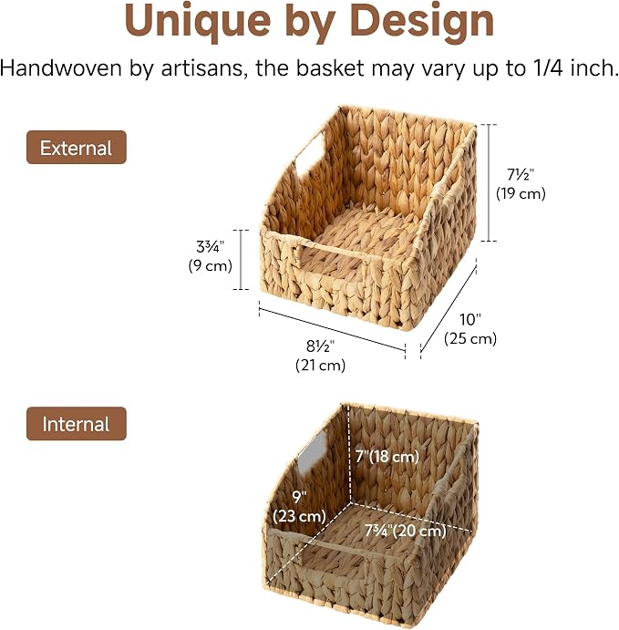 StorageWorks Pantry Baskets for Organizing, Wicker Basket with Built-in Handles, Handwoven Wicker Storage Baskets, Water Hyacinth for Shelves, 2 Pack