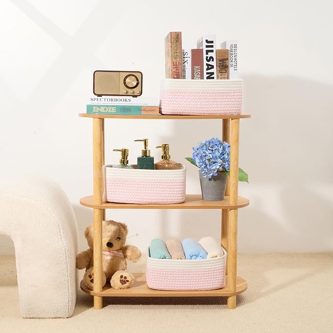 MiniArk Small Storage Baskets for Organizing | Closet Organizer Bins | Shelf Toy Basket | Woven Rope Baskets | Cube Decorative Box | Shallow Basket | 11.5x7.5x4.7” | 3 Packs White Pink