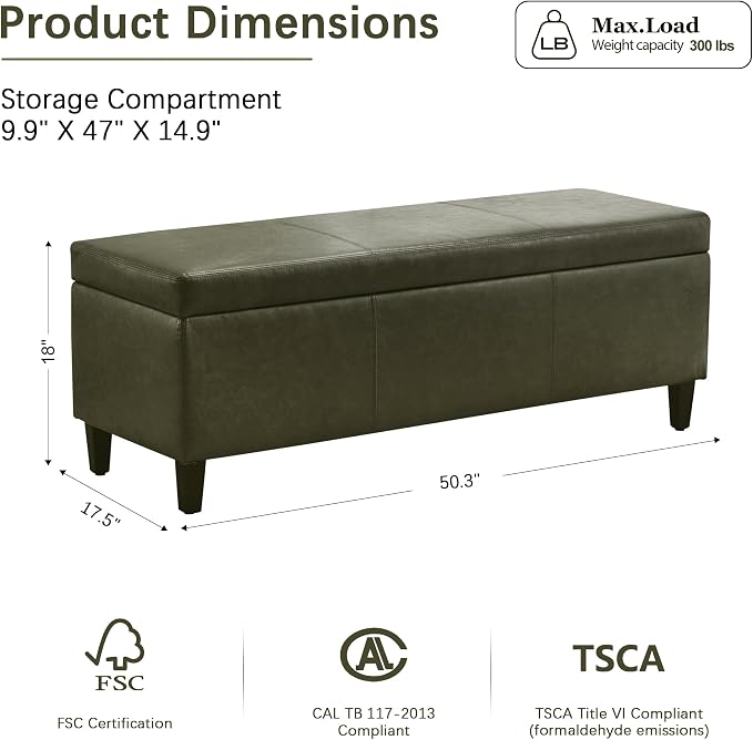 Storage Ottoman Bench 50.3" Faux Leather Upholstered End of Bed Bench,Green | Hidden Storage Accent Ottoman for Living Room, Bedroom, Entryway, Safety Hinges, Load up to 300lb