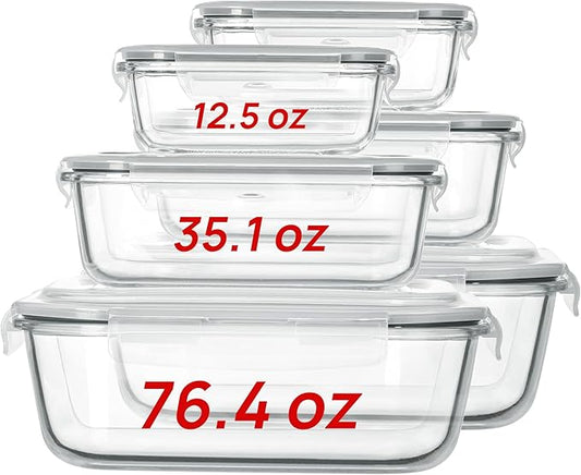 Vtopmart 2.26L/76oz Extra Large Glass Food Storage Containers with Lids, 6 pack Meal Prep Container Set, Airtight Lunch Boxes with Snap Locking Lids for Microwave, Oven, Freezer, Dishwasher | Meal Prep Container Set, Airtight Lunch Boxes with Snap Lock...