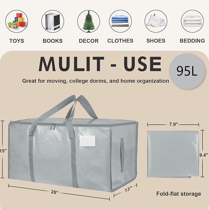 12 Pack-Extra Large Heavy Duty Moving Bags - Waterproof Storage Totes with Handles & Zippers, Foldable for College Dorm, Storage (light gray)