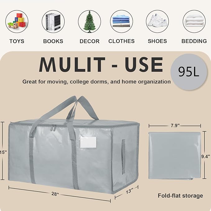 8 Pack-Extra Large Heavy Duty Moving Bags - Waterproof Storage Totes with Handles & Zippers, Foldable for College Dorm, Storage (light gray)