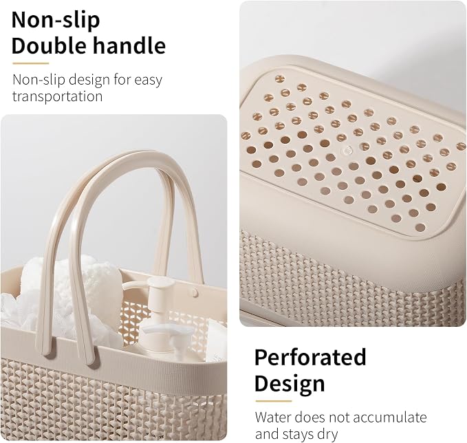 Plastic Portable Shower Caddy Basket, Storage Organizer with Handle, Beige | Bottom Drain Holes, Keep Dry, Sturdy and Durable, Easy to Carry for Bathroom, Kitchen, Dorm Room, RV, College