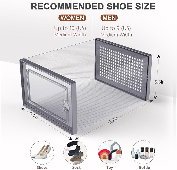 Kuject 12 Pack Large Shoe Boxes, Clear Stackable Containers with Lids,Grey | Shoe organizers for closet & entryway, under-bed,Drop-front design fits women's size 10