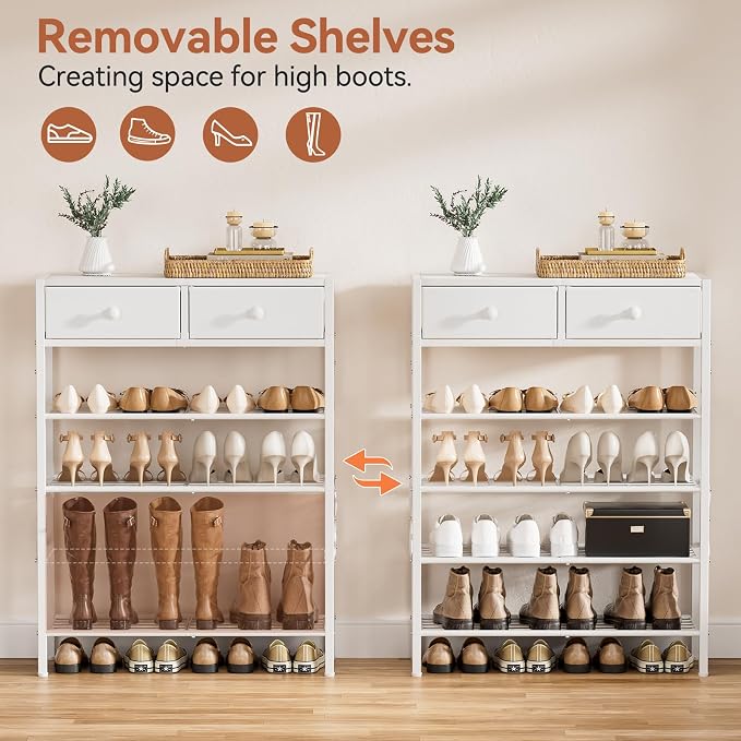 5 Tier Shoe Rack with 2 Drawers, 16-20 Pairs Greige | Holds 16-20 pairs. 2 drawers for socks/keys. Removable layer for boots. Anti-tip kit included. Quick assembly.