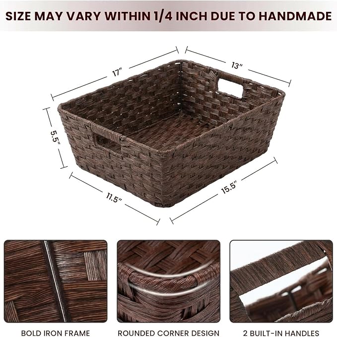 Large 2-Pack Plastic Wicker Storage Baskets, 17"x13"x5.5", Brown | onlytak woven bins for laundry, closet, living room, shelf organization, and even a cat bed – perfect home storage decor.