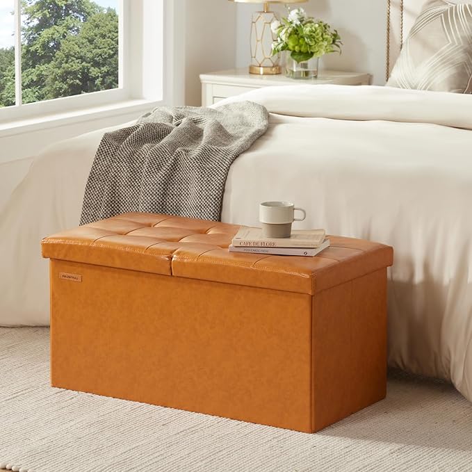 HAUSFRAU Ottoman with Storage Bench Folding Foot Rest Stool Cognac Brown | 30", Flip Lid, Upholstered Foldable Footrest Footstool, Bedroom Bench, Living Room Dorm Ottoman, Rectangle