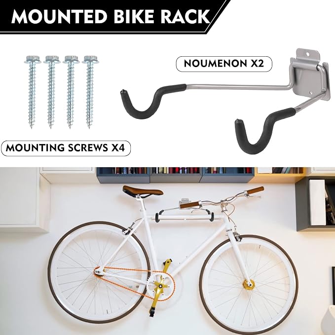 Bike Wall Mount Hangers，EVA Foam Padded Bicycle Hooks-Flip-Up Garage Bicycle Rack for Mountain, Road, and Kids Bikes Rack Holders 2 Pack Silver, Black