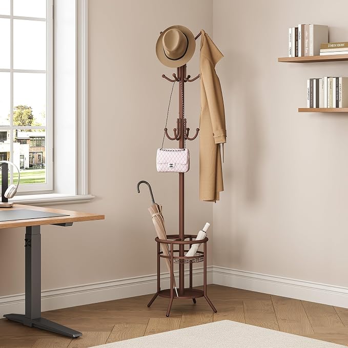 ELYKEN Coat Rack Freestanding, Metal Coat Rack with Umbrella Holder | 12 Hooks, Round Base, Heavy Duty Floor Standing Coat Tree for Entryway, Hallway, Living Room, Bedroom, Office, Brown