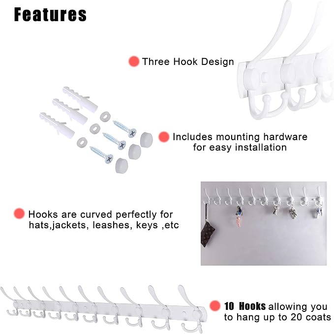 Dseap Coat Rack Wall Mount - 38” Long 10-Tri-Hooks Heavy Duty Coat Hanger Rail Wall Hooks for Hanging Coats Hats Clothing Clothes Purse Mudroom Entryway, White, Pack of 2