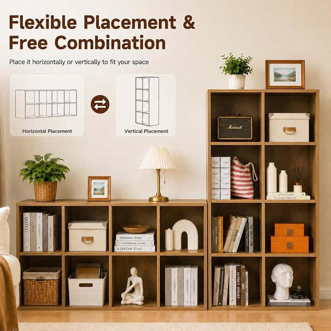 POWERSTONE 8 Cube Storage Organizer, Open Cube Bookshelf with Back Panels, Modern Display Cubby Bookcase for Bedroom Living Room Home Office, Natural
