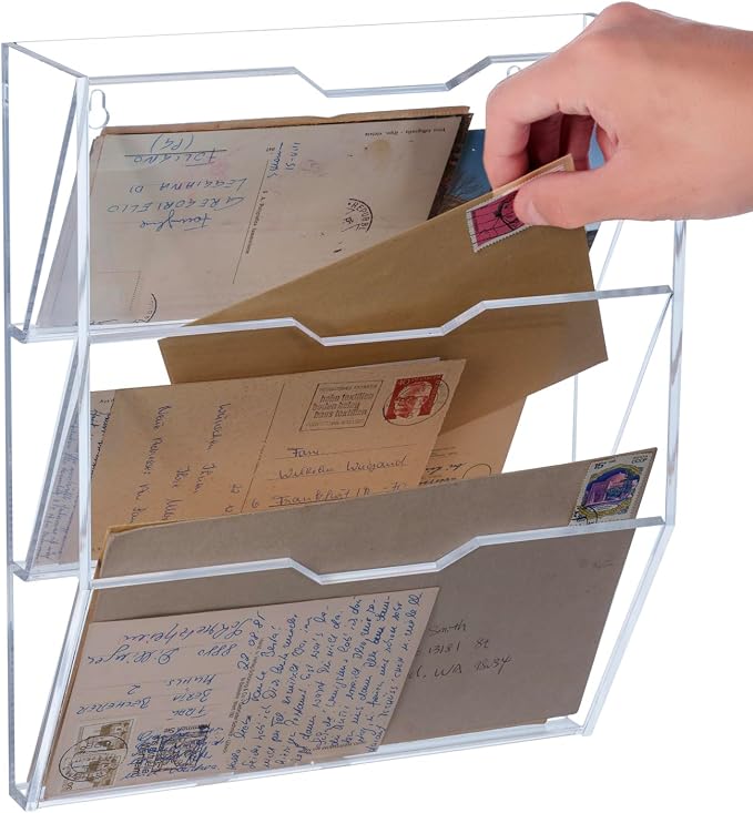 MyGift 3 Tier 10 Inch Clear Acrylic Mail Sorter, Wall Mounted Letter Holder for Home Entryway or Office Document Organizer Rack