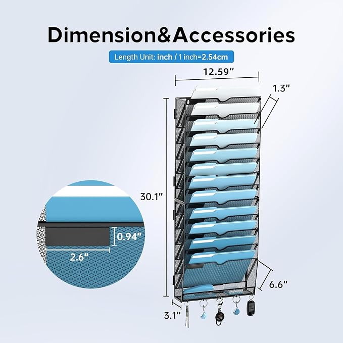 SUPEASY 13-Tier Wall File Organizer, Wall File Holder with Hooks, Mesh Hanging File Organizer, Mail Organizer Wall Mounted for Papers, Folders, Office Magazine Rack, Assembly Needed, Black | Mesh Wall File Holder, Mail Organizer Wall Mounted for Papers...