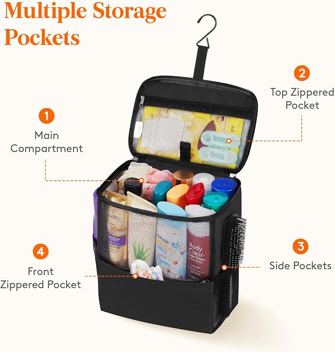 Lifewit Shower Bag Mesh Shower Caddy Portable College Dorm Room Essentials Tote Bag for Bathroom, Gym, Travel, Camping Quick Dry Hanging Shower Organizer Basket Toiletry Bag, Large, Black