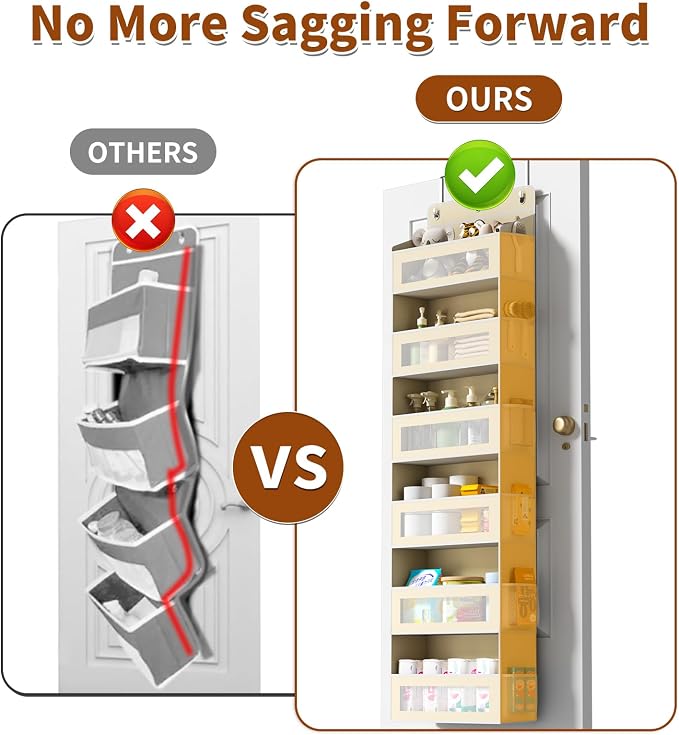 AQOOA 6-Tier Over The Door Organizer 44 lbs Capacity fit Standard Doors | Over the Door Storage 6 Large 12 Side Pocket Behind Door Storage, Closet Door Organizer Hanging Shelf, Beige