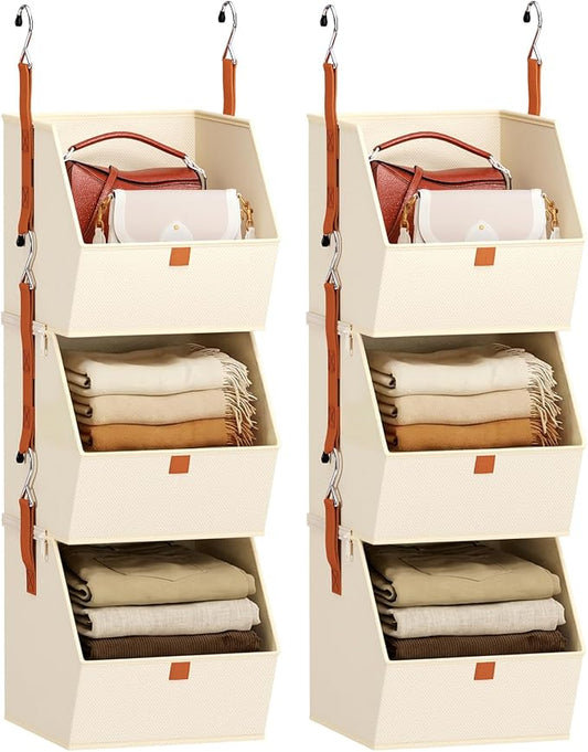 Homsorout Collapsible Hanging Closet Organizer - 6 Tier Closet Shelves Storage System with Hooks, Fabric Hanging Storage Bins for Clothes, Foldable Storage Basket for Laundry, Bedroom, Rv, Beige