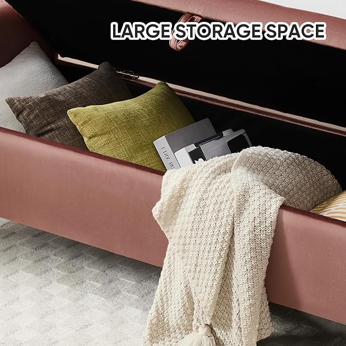 65" End of Bed Storage Bench, Modern Storage Benches for Foot with Tufted Button and Gold Legs, Upholstered Window Ottoman Benches with Armrests, Rose Gold