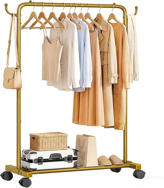 Homde Portable Clothes Rack for Bedroom: 4 Lockable Wheel Move Room-to-Room | Laundry to Closet in 1 Smooth Roll - No Heavy Lifting for Renters & Movers - 88 lbs Hanging Rod for Garment Coat to T-Shirt
