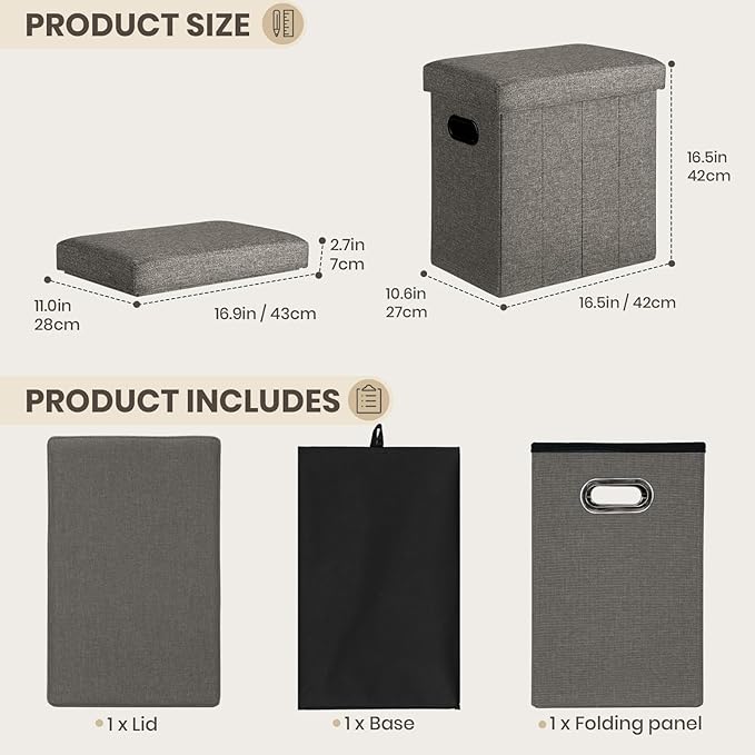 COSYLAND Ottoman with Storage Collapsible Fabric - Footrest Foot Stool for Room, Slim Tall Folding Ottoman Furniture with Handles Lid Toy Chest Linen - Gray - 16.5x16.5x10.6in