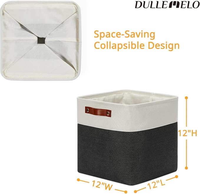 DULLEMELO Set Of 4 Cube Storage Bins, Fabric Storage Basket for Shelves Closet Storage, 12 Inch Collapsible Fabric Bins for Book Magazine Towel Organizers(4 Pack - 12" White&Black)
